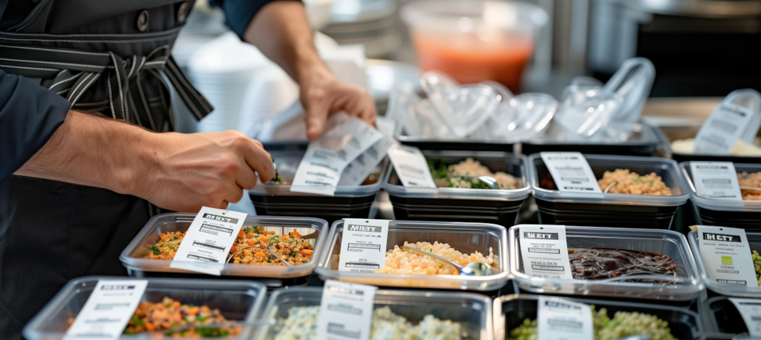 Plastikcontainer mit verschiedenen Gerichten und jeweils einem lebensmittelechten Etikett.