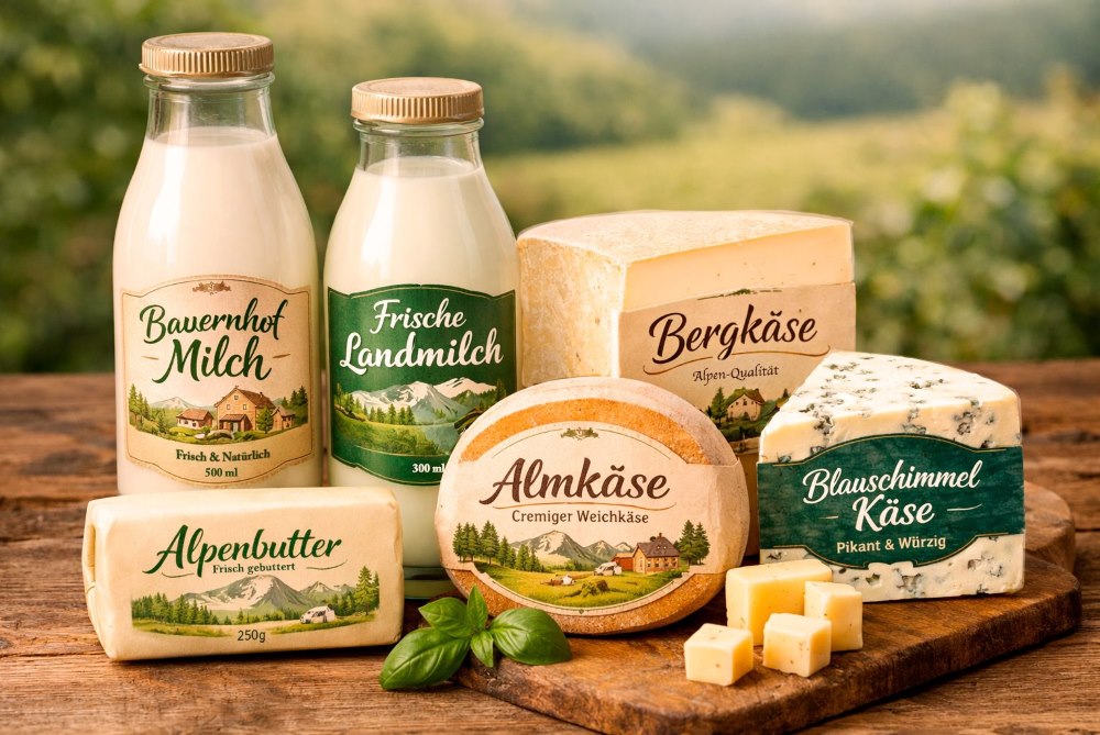 Auswahl frischer Milchprodukte mit Etiketten