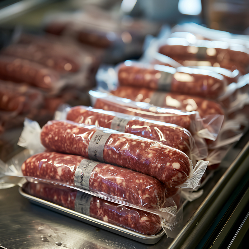 Frisch verpackte Bratwürste in der Metzgereitheke Vakuumverpackte rohe Bratwürste liegen in Reihen in einer Theke